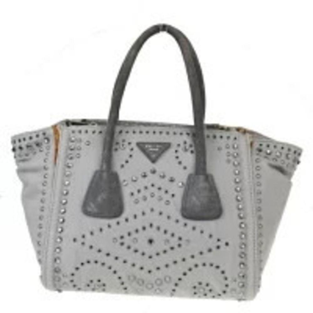 Prada Handbag Perforated Embellished Gray Canvas Suede